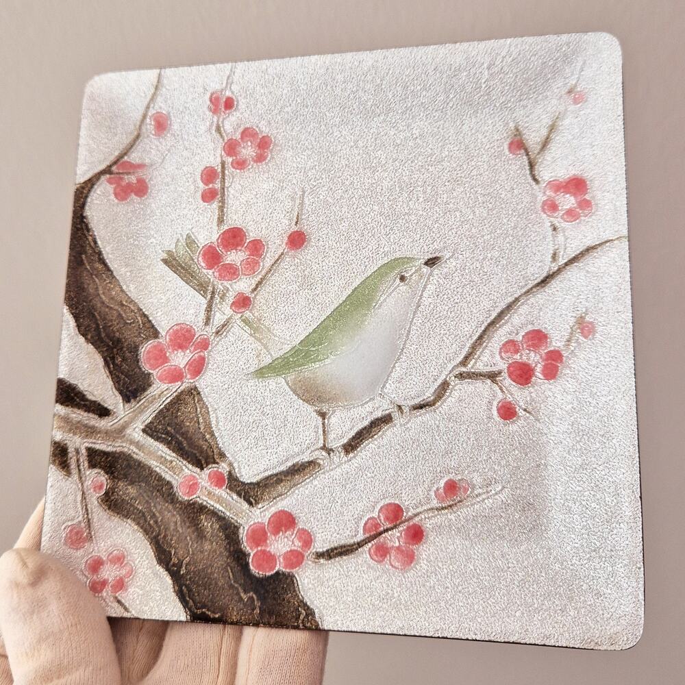 Vintage Japanese Enamel Metal Plate Bird Plum Blossom Square Trinket Dish